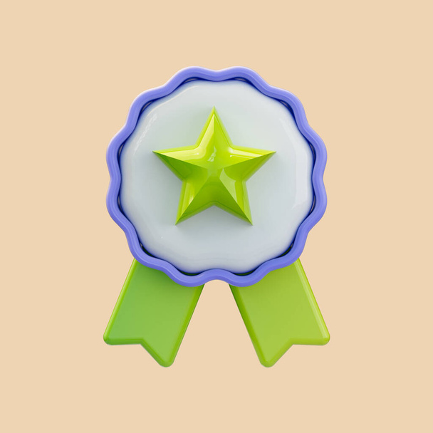 ícone de crachá de certificado brilhante realista 3d render para medalhas redondas com estrela e fita - Foto, Imagem
