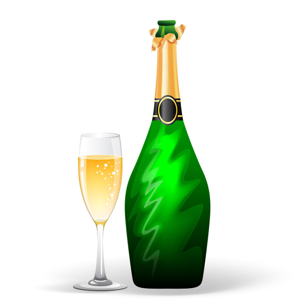 Champagne bottle and glass - Vector, Image