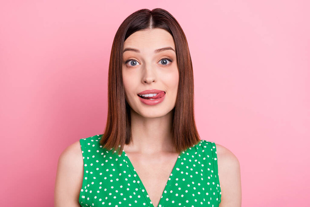 Photo of young pretty girl lick teeth tongue flirty hungry oral care clinic isolated over pink color background - Φωτογραφία, εικόνα