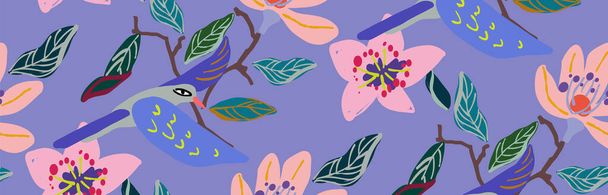 Nahtloses Vektormuster mit Blumen und Vögeln. Geeignet für Einbände, Geschenkpapier und Tapeten - Vektor, Bild