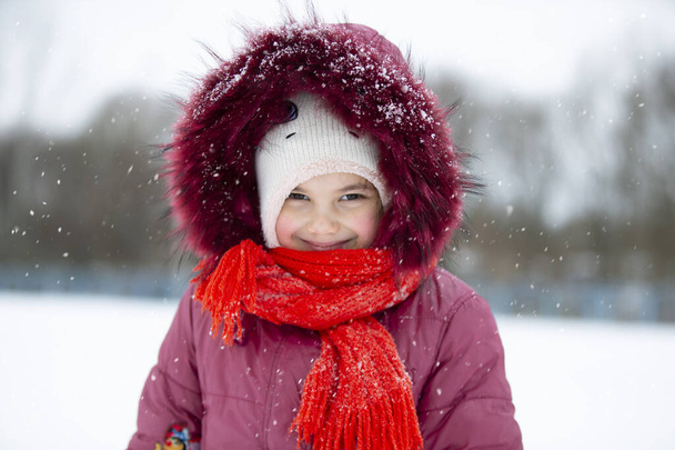 Child in winter. A little girl in a warm hat and hood looks at the camera and smiles. - Foto, Imagem