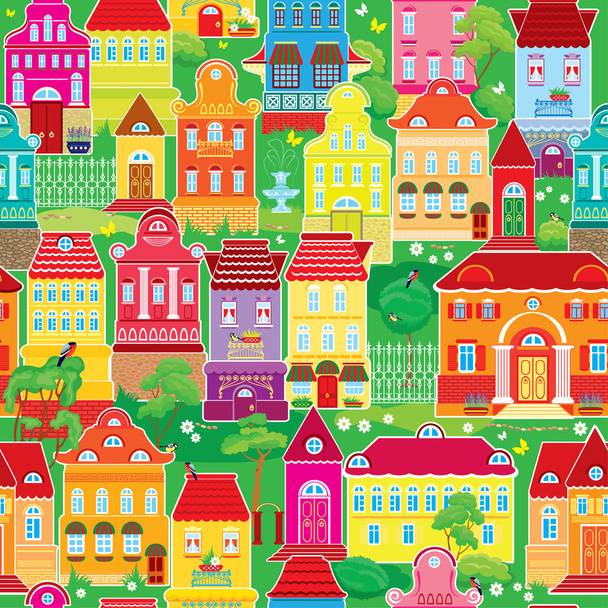 Seamless pattern with decorative colorful houses, spring or summ - Vektör, Görsel