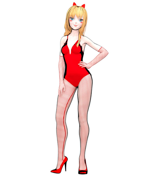 3D render sexy anime doll japanese girl big blue eyes bright makeup.Bunny Girl.Rabbit masquerade.Cartoon, comics, sketch, drawing, manga illustration.Fashion art - Фото, изображение