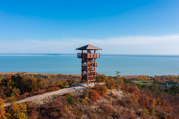 Aerial view about Batsanyi lookout tower at Balatongyorok, Hungary. Badacsony and lake Balaton at the background. Hungarion name is Batsanyi kilato. - Photo, Image