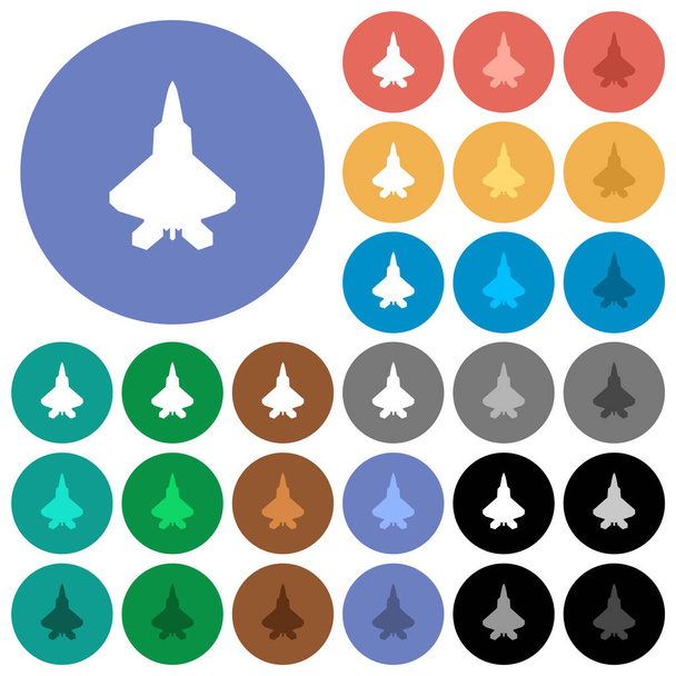 Jet fighter silhouette multi icone piatte colorate su sfondi rotondi. Incluse varianti di icone bianche, chiare e scure per effetti di stato attivo e hover e sfumature bonus. - Vettoriali, immagini