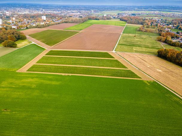 Aerial view of a  pastures and arable land. Panorama over healthy green crops in patchwork pasture farmland - Foto, immagini
