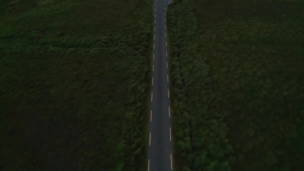 Önler dar kırsal yolun üzerinde uçar, kenarlarında sarı çizgiler vardır. Otlaklarla çevrili yüksek açılı yol manzarası. İrlanda - Video, Çekim