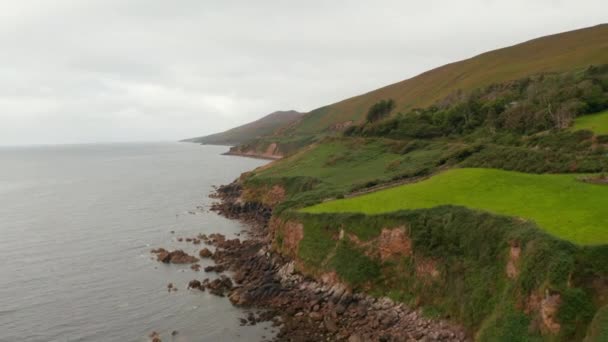 Vorwärts fliegen über die Meeresküste. Grashänge und Felswände. Panoramalandschaft aufgenommen an bewölkten Tagen. Irland - Filmmaterial, Video