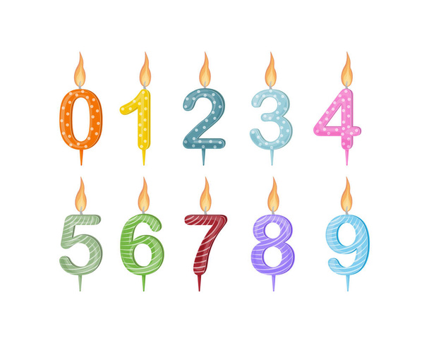 Candles figures for the cake. Colorful festive candles in the form of numbers, for cake decoration. Bright accessories for the holiday. Vector illustration - Vector, Image