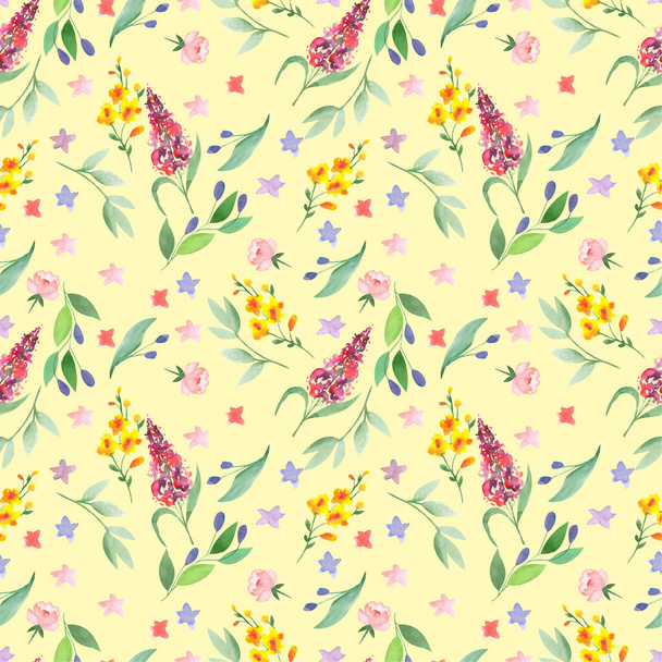Seamless watercolor pattern of flowers flowers and leaves on a white background. - Photo, image
