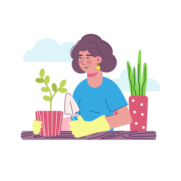 cute smiling woman with gardening tools is working in the garden, planting seedlings from a flower pot. - Vector, Image