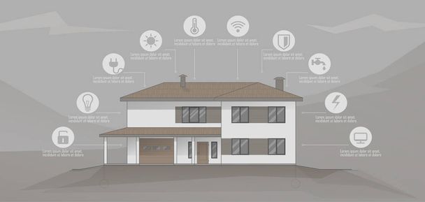 Концепция "умного дома". Инфографика IOT house. Дом с технологической системой. И экология, и элементы дизайна. Система "умного дома" с централизованным управлением. Экологически чистый дом. Зеленый дом - Вектор,изображение