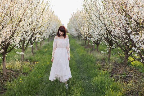 Gorgeous woman in white dress walking at blooming orchard - Фото, изображение