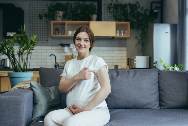Young beautiful pregnant woman, vaccinated against the virus, looks at the camera and smiles, sits at home on the couch, and points his finger at the patch and the injection site on the shoulder - 写真・画像