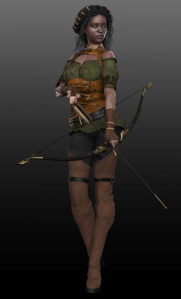 Fantasy Archer vagy Ranger, afro-amerikai nő íjjal és nyíllal - Fotó, kép