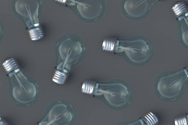 Scattered light bulbs on black background. Top view. 3d render - Zdjęcie, obraz