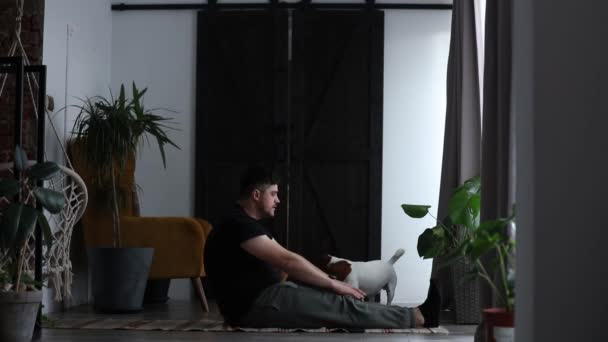 homme essayant d'exercer pour la santé à côté d'un chien à la maison étage - Séquence, vidéo