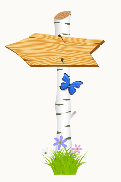 Wooden arrow with flowers and butterflies. Vector illustration - Vector, Imagen