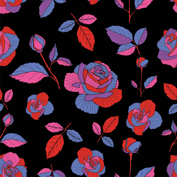 The floral textile pattern design. Great for retro fabric, wallpaper, scrapbooking projects. Red, pink, blue, purple color rose and black background. - ベクター画像