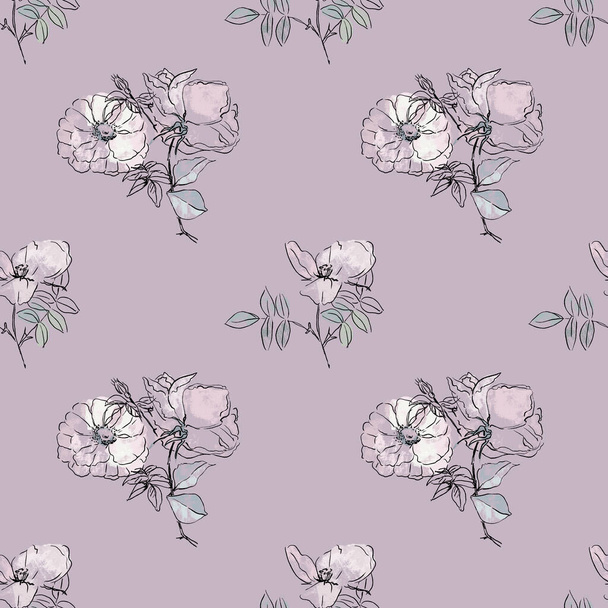 Seamless background with white flower doodles, bright violett background. Luxury pattern for creating textiles, wallpaper, paper. Vintage. Romantic floral Illustration - Photo, Image