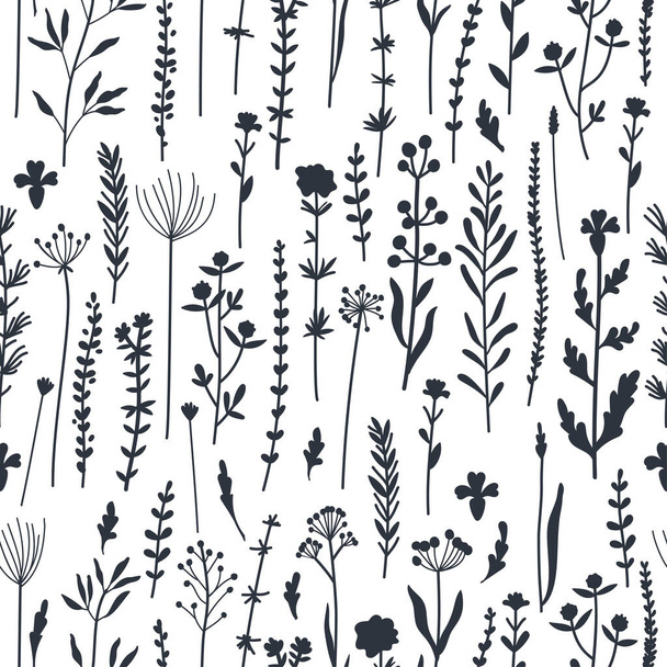 Nahtloses Muster von Silhouetten botanischer Elemente. Wildpflanzen - Vektor, Bild