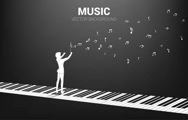 Vector silhouette of conductor standing with piano key with flying music note . Concept background for piano concert and recreation. - Vector, Image