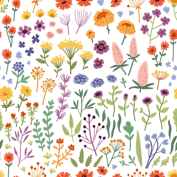 Patrón sin costura vectorial con flores silvestres dibujadas a mano - Vector, Imagen