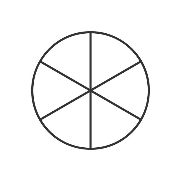 Círculo dividido en 6 segmentos aislados sobre fondo blanco. Forma redonda de pastel o pizza cortada en seis partes iguales en estilo de contorno. Ejemplo de gráfico empresarial simple - Vector, imagen