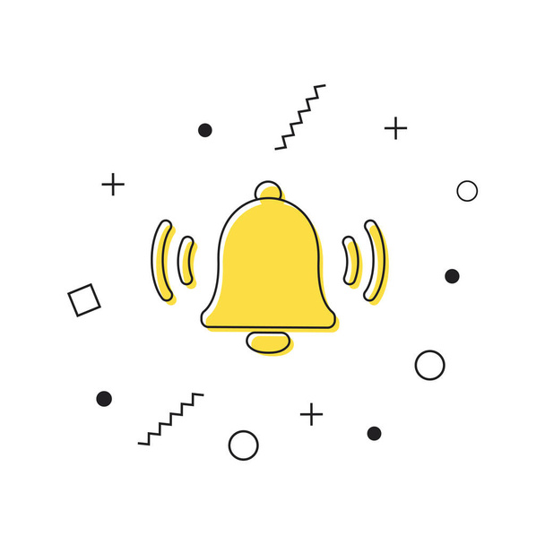 Klingelalarm-Symbol-Vektor. Gelbe Benachrichtigungsglocke mit geometrischen Formen auf weißem Hintergrund. Alarm symbol. Eingehende Posteingangsnachricht. Element der sozialen Medien. Vektor - Vektor, Bild