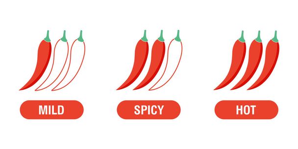 A fűszerszint enyhe, fűszeres és forró. Vörös chilis paprika. A bors és a tűz szimbóluma. Chili szintű ikonok beállítva. Vektor - Vektor, kép