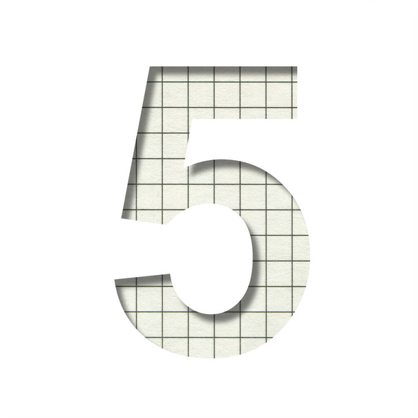 Digit 5, five cut out of white paper on the background of a school notebook in a cage, a school or educational decorative font - Foto, immagini