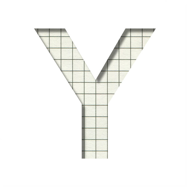 Letter Y cut out of white paper on the background of a school notebook in a cage, a school or educational decorative font - Photo, Image