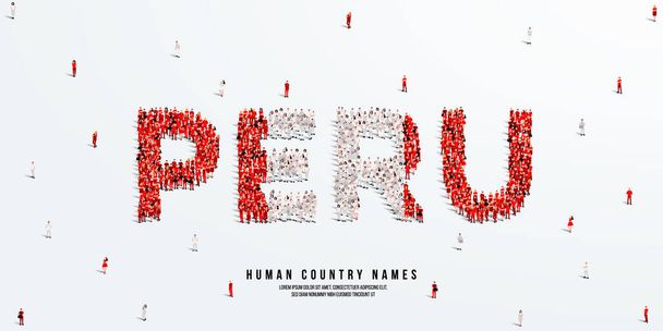 Μια μεγάλη ομάδα ανθρώπων στέκεται, φτιάχνοντας τη λέξη Περού. Σημαία Περού φτιαγμένη από κόσμο. Εικονογράφηση διανύσματος απομονωμένη σε λευκό φόντο. - Διάνυσμα, εικόνα