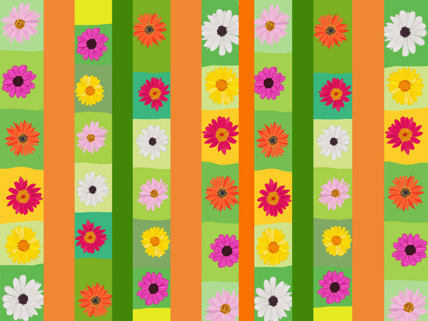 Floral design. Bright background from the drawn flowers. Flowers in squares. - Vector, imagen