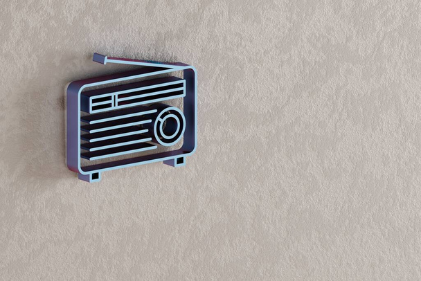 Old Radio with Short Antenna icon. Beautiful Blue Old Radio with Short Antenna symbol icons on wall bright background. 3d rendering illustration. Background pattern for design.	 - 写真・画像