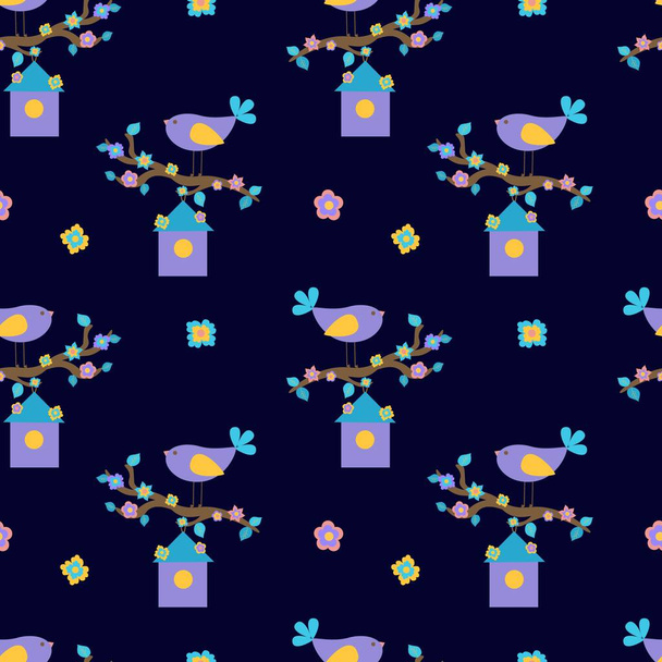 Бесшовная весенняя иллюстрация с фиолетовой птицей на ветке с цветами и скворечником. Для текстиля или оберточной бумаги. Плоская иллюстрация. - Вектор,изображение