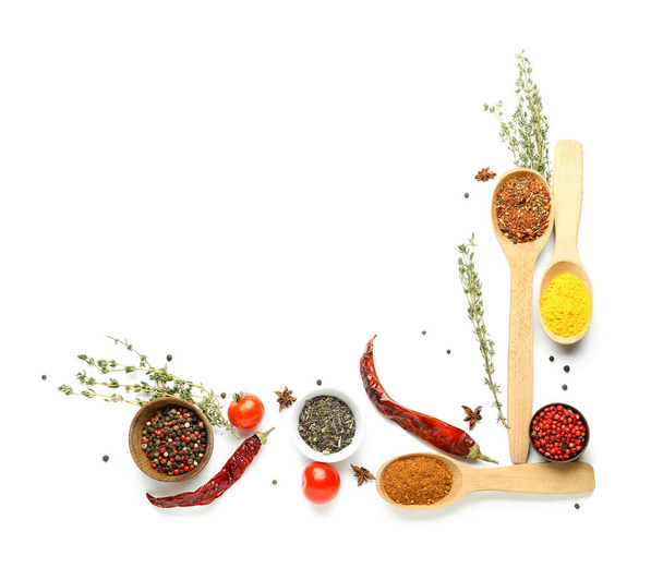 Composition with aromatic spices and herbs on white background - Photo, Image