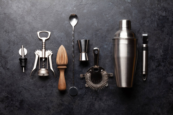 Various cocktail utensil set. Shaker, strainer, juicer. Top view flat lay - Fotoğraf, Görsel