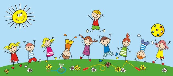 Tien vrolijke springende sportkinderen in weide, vectorillustratie - Vector, afbeelding