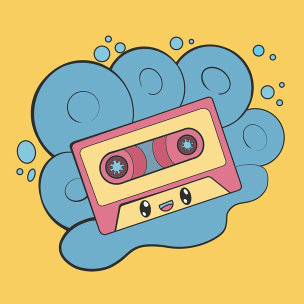 Colorful kawaii illustration of vintage cassette tape. 80s and 90s pop songs - Photo, Image