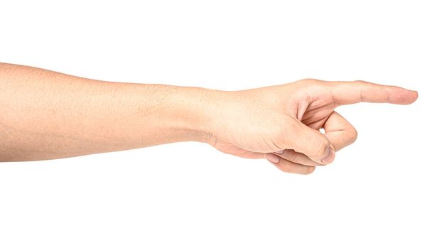 Close up hand touching or pointing to something isolated on white background with clipping path. - Photo, Image