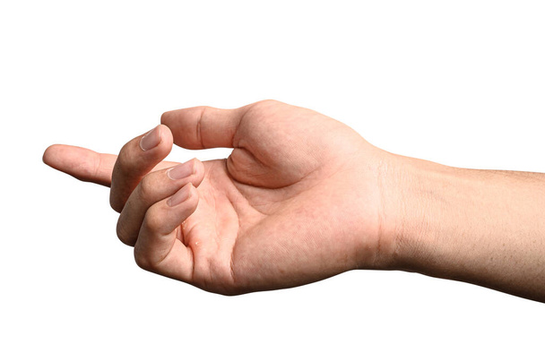 Close-up van de hand met iets als een fles of kan geïsoleerd op witte achtergrond met uitknippad. - Foto, afbeelding