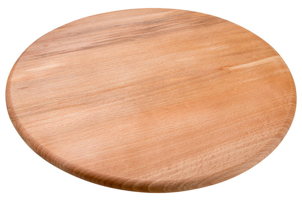 round wooden cutting board for serving food, on white background, isolate - Φωτογραφία, εικόνα