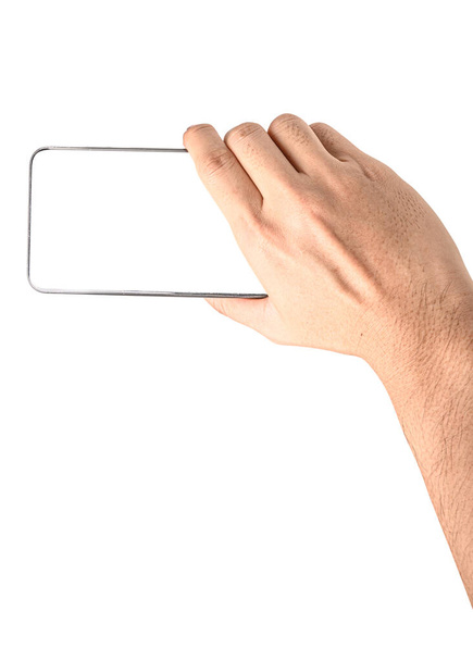 Κοντινό χέρι κρατώντας τηλέφωνο απομονώνονται σε λευκό φόντο με περικοπή διαδρομής. Μπορεί να χρησιμοποιηθεί για εμφάνιση των μέσων σας. - Φωτογραφία, εικόνα