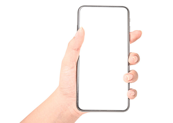 Крупним планом рука тримає телефон ізольовано на білому тлі з відсічним контуром. Використовувати для показу ваших носіїв
. - Фото, зображення