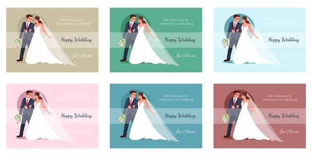 Set of postcards Happy Newlyweds. Bride holds the grooms hand. Vector illustration - Vector, Image