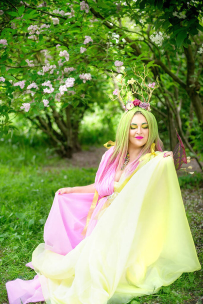 Plus size model in elf costume. Fairy tale fantasy project. Spring. - Foto, Imagem