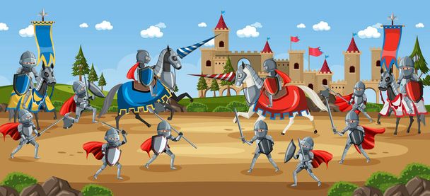 Średniowieczna scena turnieju rycerskiego ilustracja - Wektor, obraz