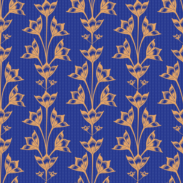 Résumé vecteur de fleur Bluebell fond de motif sans couture. Fleurs Campanula vintage stylisées sur fond vertical rayé bleu orangé. Formelle répétition rétro florale traînante. Conception botanique darwn main - Vecteur, image