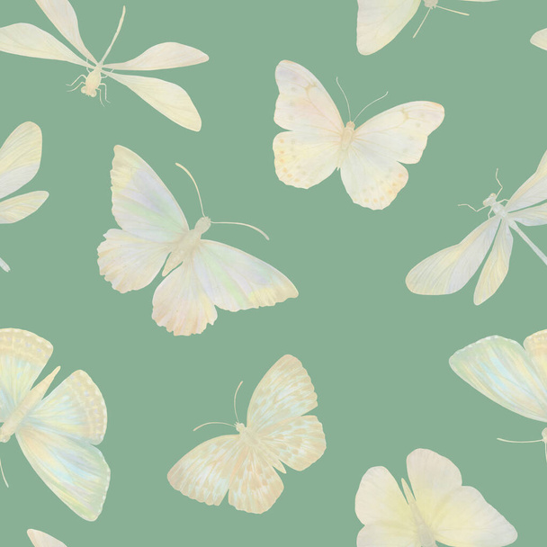 Watercolor butterflies seamless pattern. Abstract butterflies painted in watercolor in mixed media. Botanical background for design, print, wallpaper, textile, wrapping paper. - Zdjęcie, obraz